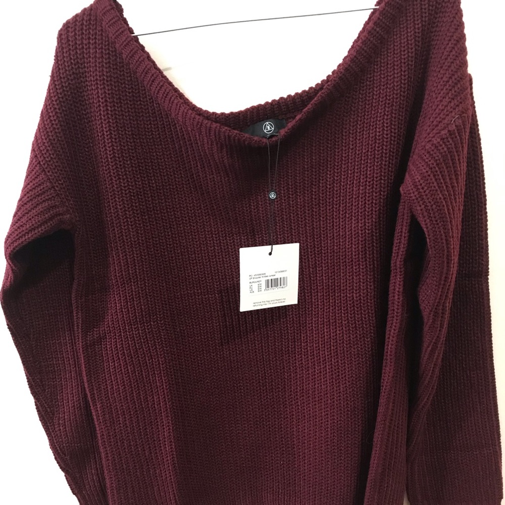 NEW Burgundy off Shoulder Loose Knitted Sweater